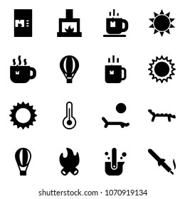 Solid vector icon set - coffee machine vector, fireplace, tea, sun, hot, air balloon, green, thermometer, lounger, fire, casting of steel, soldering iron