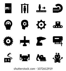 Solid vector icon set - coffee machine vector, metal detector gate, travolator, mri, brain work, gear, conveyor, saw disk, milling cutter, drill, jig, welding, sharpening, excavator toy, robot