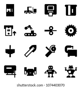 Solid vector icon set - coffee machine vector, fork loader, atm, conveyor, steel rolling, saw disk, crown drill, tile, Angular grinder, tool, jig, sharpening, robot