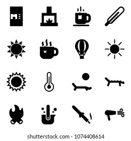Solid vector icon set - coffee machine vector, fireplace, tea, thermometer, sun, hot, air balloon, lounger, fire, casting of steel, soldering iron, dryer