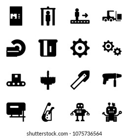 Solid vector icon set - coffee machine vector, metal detector gate, travolator, fork loader, mri, atm, gear, conveyor, crown drill, tile, jig saw, winch, robot