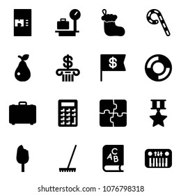 Solid vector icon set - coffee machine vector, baggage scales, christmas sock, lollipop, pear, bank, dollar flag, lifebuoy, case, calculator, puzzle, star medal, ice cream, rake, abc book, toy piano