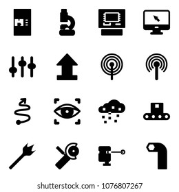 Solid vector icon set - coffee machine vector, lab, atm, monitor cursor, settings, uplooad, antenna, trip, eye scanner, snow, conveyor, wood drill, Angular grinder, laser lever, allen key