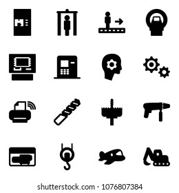 Solid vector icon set - coffee machine vector, metal detector gate, travolator, mri, atm, brain work, gear, printer wireless, drill, crown, generator, winch, plane toy, excavator