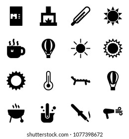 Solid vector icon set - coffee machine vector, fireplace, thermometer, sun, hot tea, air balloon, lounger, grill, casting of steel, soldering iron, dryer