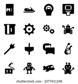 Solid vector icon set - coffee machine vector, snowmobile, mri, atm, gear, robot, wood drill, crown, tool, winch, welding, plane toy