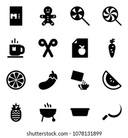 Solid vector icon set - coffee machine vector, cake man, lollipop, tea, santa stick, diet list, carrot, lemon slice, eggplant, cereal, watermelone, pineapple, grill, basin, sickle