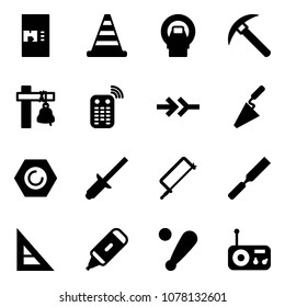 Solid vector icon set - coffee machine vector, road cone, mri, rock axe, ship bell, remote control, connect, trowel, nut, clinch, metal hacksaw, rasp, corner ruler, marker, baseball bat, radio