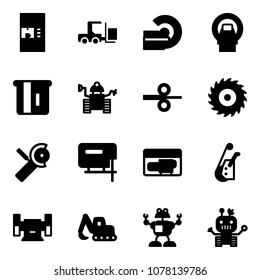Solid vector icon set - coffee machine vector, fork loader, mri, atm, robot, steel rolling, saw disk, Angular grinder, jig, generator, winch, sharpening, excavator toy