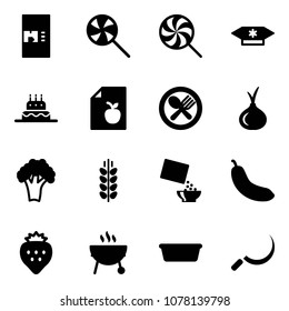 Solid vector icon set - coffee machine vector, lollipop, candy, cake, diet list, fork spoon plate, onion, broccoli, spica, cereal, banana, strawberry, grill, basin, sickle