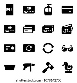 Solid vector icon set - coffee machine vector, credit card, liquid soap, tap pay, exchange, refresh, sunglasses, basin, drill, toy hammer, duck