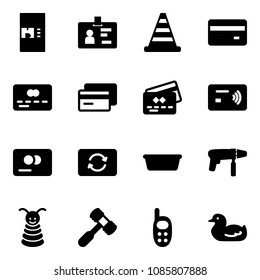 Solid vector icon set - coffee machine vector, identity, road cone, credit card, tap pay, exchange, basin, drill, pyramid toy, hammer, phone, duck