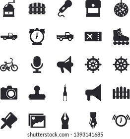 Solid vector icon set - coffee grinder flat vector, sauce, pickup truck, fence, drawing pin, ink pen, roller Skates, bicycle fector, ticket, disco ball, camera, steering wheel, gallery, stamp