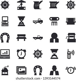 Solid vector icon set - coffee grinder flat vector, well, pickup truck, horseshoe, bench, person, phone call, computer, hostory roll, antique column fector, steering wheel, gallery, hourglass