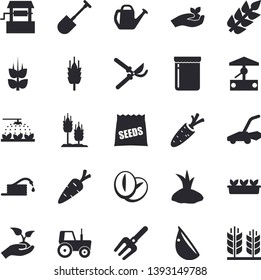 Solid vector icon set - coffee beans flat vector, garlic, jam, ear, seeds, well, carrot, tractor, sprinkling machine, pitchfork, shovel, hose, secateurs, seedlings, watering can, planting plants