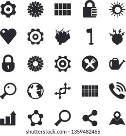 Solid vector icon set - cogwheel flat vector, tile, flower, watering can, earth, molecules, phone call, heart, brainstorm, magnifier, dna, achievement chart, sports flag, sun fector, table setting