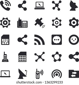 Solid vector icon set - cogwheel flat vector, sockets, socket, satellite antenna, SIM card, molecules, phone call, telephone, laptop, molecule, satellit, share, broadcast, file sharing