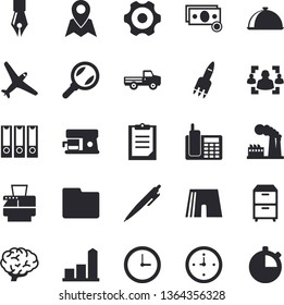 Solid vector icon set - cogwheel flat vector, coffee machine, dish, pickup truck, factory, magnifier, chart, cash, clipboard, clock, computer file, recruitment, ink pen, telephone, copy, archive