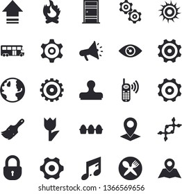 Solid vector icon set - cogwheel flat vector, paint brush, Entrance door, egg, tulip, bonfire, earth, location, phone call, mouthpiece, dna, bus fector, sun, table setting, upload, stamp, lock, eye