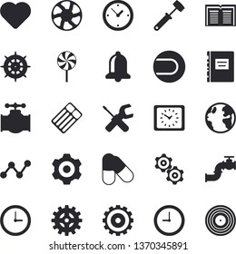 Solid vector icon set - cogwheel flat vector, tool, meat hammer, lollipop, ventilation, main pipeline, earth, scatter chart, clock, heart, textbook, tennis ball, pills, inflatable mattress fector