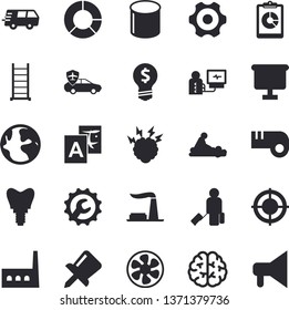 Solid vector icon set - cogwheel flat vector, ladder, repair, ventilation, factory, manufactory, autopilot, pipe production, earth, graphic report, idea, flipchart, trucking, massage, diagnostics