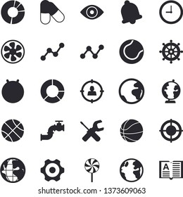 Solid vector icon set - cogwheel flat vector, tool, lollipop, ventilation, main pipeline, earth, target audience, scatter chart, eye, clock, clircle diagram, globe, basketball, tennis ball, fitball