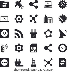 Solid vector icon set - cogwheel flat vector, sockets, socket, plug, satellite antenna, SIM card, molecules, phone call, telephone, laptop, molecule, satellit, security fector, share, broadcast