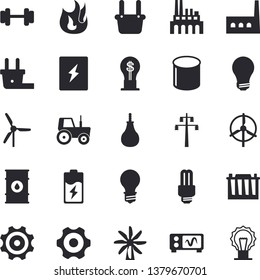 Solid vector icon set - cogwheel flat vector, switch box, fire, tractor, battery, windmill, oil tanks, accumulator, lamp, plug socket, power line support, manufactory, plant, pipe production, idea