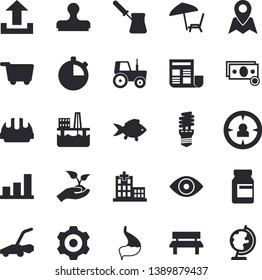 Solid vector icon set - cogwheel flat vector, hard hat, turk, fish, tractor, seedlings, lawn mower, bench, oil production platform, energy saving lamp, target audience, cash, hospital, eye, stomach
