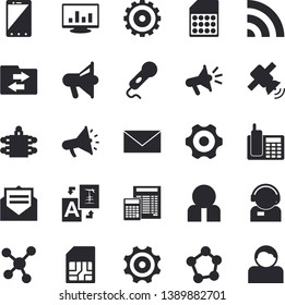 Solid vector icon set - cogwheel flat vector, calculator, SIM card, person, telephone operator, mouthpiece, molecules, computer chart, meeting, satellit, broadcast, file sharing, translate, message