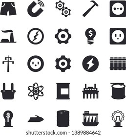 Solid vector icon set - cogwheel flat vector, sockets, heating batteries, hammer, factory, oil tanks, socket, power line support, hydroelectric station, plant, magnet, metallurgy, idea, atom, lamp