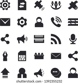 Solid vector icon set - cogwheel flat vector, SIM card, person, phone call, mouthpiece, chat, ink pen, meeting, paper tray, mail, teamwork, satellit, fector, share, broadcast, upload, file sharing