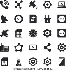 Solid vector icon set - cogwheel flat vector, sockets, socket, plug, satellite antenna, SIM card, phone call, molecules, telephone, laptop, molecule, satellit, share, file sharing, mobile