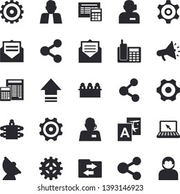 Solid vector icon set - cogwheel flat vector, calculator, satellite antenna, person, molecules, telephone operator, mouthpiece, phone, meeting, laptop, share, upload, file sharing, translate, user