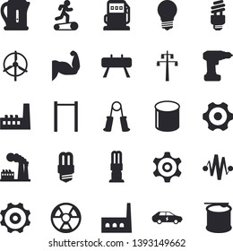 Solid vector icon set - cogwheel flat vector, drill screwdriver, energy saving lamp, electric kettle, refueling, factory, power line support, manufactory, radiation, cars, pipe production, fector