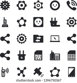 Solid vector icon set - cogwheel flat vector, sockets, socket, plug, SIM card, molecules, phone call, telephone, laptop, molecule, satellit, share, file sharing, mobile