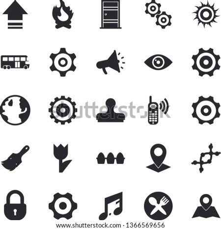 Solid vector icon set - cogwheel flat vector, paint brush, Entrance door, egg, tulip, bonfire, earth, location, phone call, mouthpiece, dna, bus fector, sun, table setting, upload, stamp, lock, eye