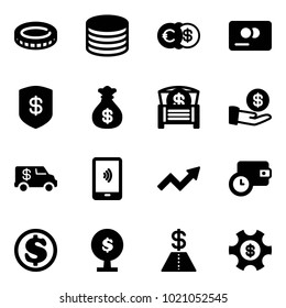 Solid vector icon set - coin vector, euro dollar, credit card, safe, money bag, chest, investment, encashment car, mobile payment, growth arrow, wallet time, tree, managemet