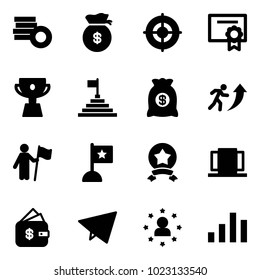 Solid vector icon set - coin vector, money bag, target, certificate, cup, pyramid flag, career, win, star medal, doors, finance management, paper fly, man, chart
