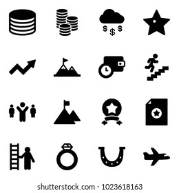 Solid vector icon set - coin vector, money rain, star, growth arrow, attainment, wallet time, career, team leader, mountain, medal, certificate, opportunity, diamond ring, luck, plane