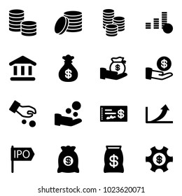 Solid vector icon set - coin vector, bank, money bag, investment, cash pay, check, growth arrow, ipo, managemet