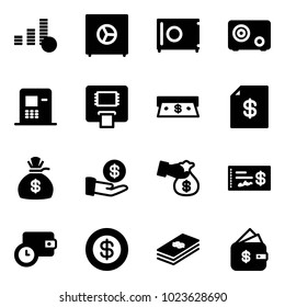Solid vector icon set - coin vector, safe, atm, cash, account statement, money bag, investment, encashment, check, wallet time, dollar, finance management