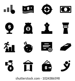 Solid vector icon set - coin vector, cash, target, money, tree, bag, winner, award, career, moon flag, certificate, gold, rich, pennant, finance management, flying man