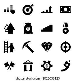 Solid vector icon set - coin vector, target, growth arrow, money, up, bag, stairs, star medal, opportunity, rock axe, diamond, flags cross, pennant, managemet, flying man