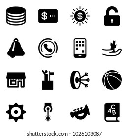 Solid vector icon set - coin vector, credit card, dollar sun, unlocked, bell, phone horn, mobile, hand sproute, store, win, solution, ball, gear, laser, toy, abc book