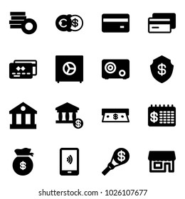 Solid vector icon set - coin vector, euro dollar, credit card, safe, bank, account, cash, finance calendar, money bag, mobile payment, torch, store