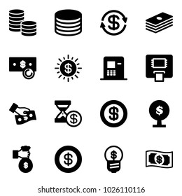 Solid vector icon set - coin vector, dollar exchange, cash, sun, atm, pay, account history, money tree, rich, business idea