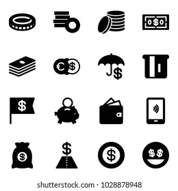 Solid vector icon set - coin vector, dollar, euro, atm, flag, piggy bank, wallet, mobile payment, money bag, smile