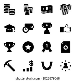 Solid vector icon set - coin vector, cash, big, graduate hat, wallet time, cup, finger up, gold, star medal, certificate, rock axe, dollar chart, luck, man