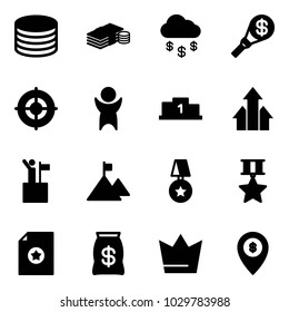 Solid vector icon set - coin vector, cash, money rain, torch, target, success, pedestal, arrows up, win, mountain, star medal, certificate, bag, crown, atm map pin